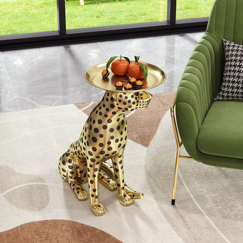 Everly Quinn Leopard Statue Side Table With Detachable Tray - Gold